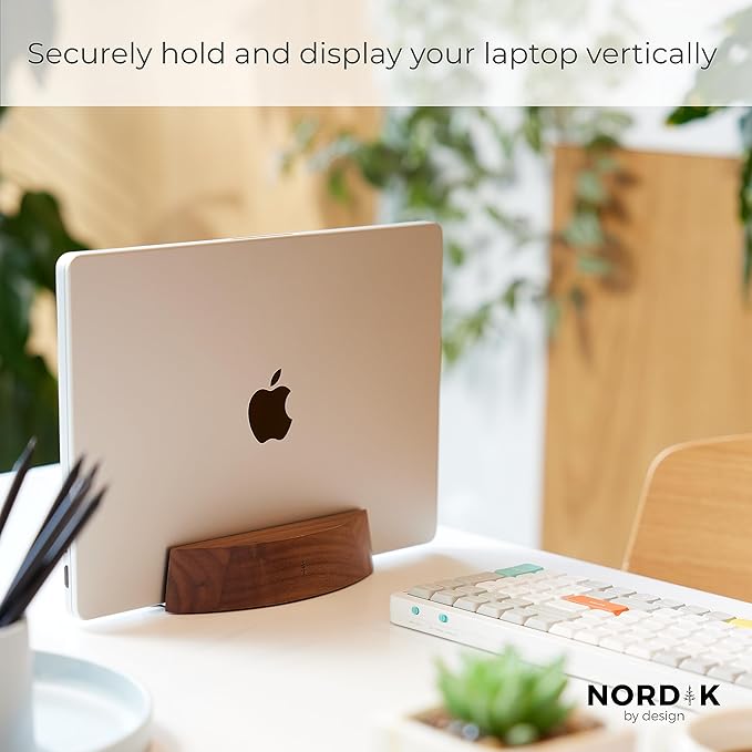 Nordik Adjustable Vertical Laptop Stand - Walnut - Premium Laptop Holder for Home Office, Software Engineers - Space Saving Desk Laptop Dock - Stable Non-Slip Wood Stand - MacBook Pro