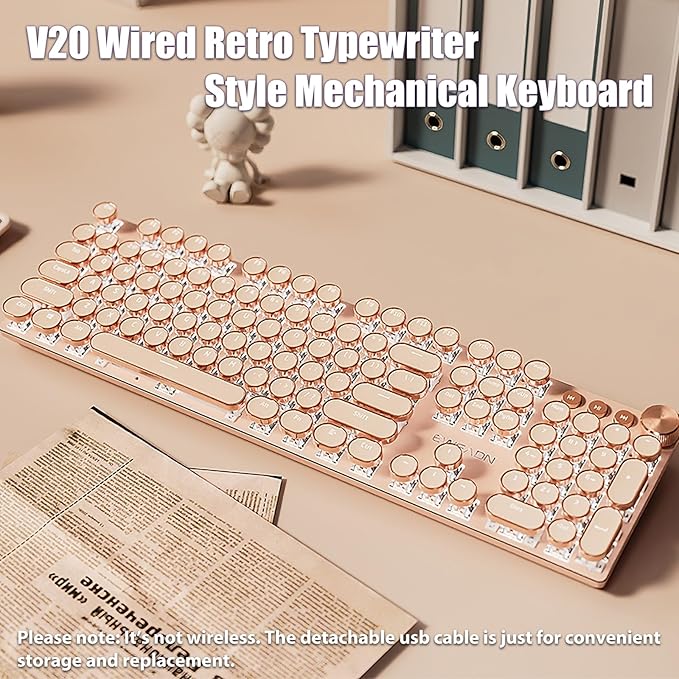 Typewriter Style Mechanical Gaming Keyboard White LED Backlit 104-Key NKRO Pink Switches Retro Round Keycaps Golden Ring Volume Knob Metal Panel Wired USB-C Detachable Cable, Rose Gold
