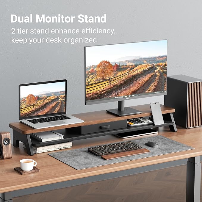 Dual Monitor Stand Riser,LED 2-Tier 39.3 Inch Computer Monitor Stand for 2 Monitors,Office Desktop Organizer with Storage Drawer and Phone Holder for Laptop,PC,Computer,Printer,Walnut