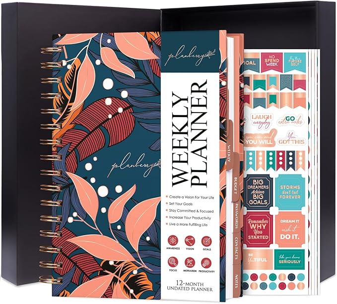 PLANBERRY Weekly Planner Premium – Undated Life Organizer & Budget Planner – Time Management, Goal Setting, To-Do List, Work-Life Balance & Habit Tracker – 6.9″ x 8.5″ (Tropical Night)
