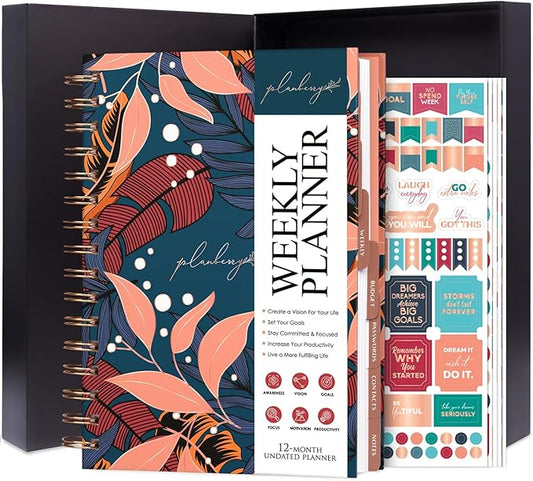 PLANBERRY Weekly Planner Premium – Undated Life Organizer & Budget Planner – Time Management, Goal Setting, To-Do List, Work-Life Balance & Habit Tracker – 6.9″ x 8.5″ (Tropical Night)