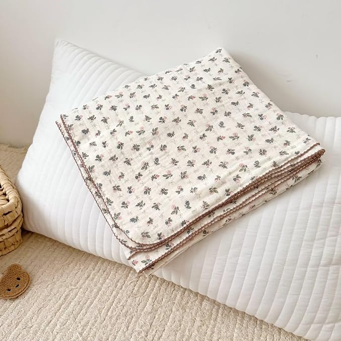 BuLuTu Muslin Cotton Baby Quilt 47x51 Inch, Bellflower Pattern Nursery Blanket for Crib/Toddler Bed, Cottage Floral Baby Blankets, Soft Lightweight Summer Toddler Nap Quilts