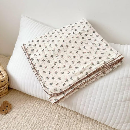 BuLuTu Muslin Cotton Baby Quilt 47x51 Inch, Bellflower Pattern Nursery Blanket for Crib/Toddler Bed, Cottage Floral Baby Blankets, Soft Lightweight Summer Toddler Nap Quilts