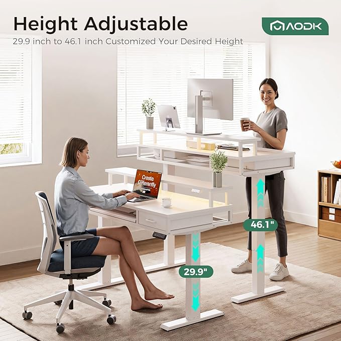 AODK Electric Standing Desk with Drawers & Keyboard Tray, 55 Inch Height Adjustable Gaming Desk with Power Outlets & LED Lights, Sit Stand Table with Monitor Stand for Home, Office, White