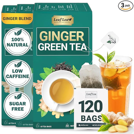 LeafLea Ginger Green Tea, 120 Tea Bags, Premium Green Tea Blend with Pure Ginger Root, Supports Digestive Wellness, Natural Flavor, Low Caffeine, Sugar-Free