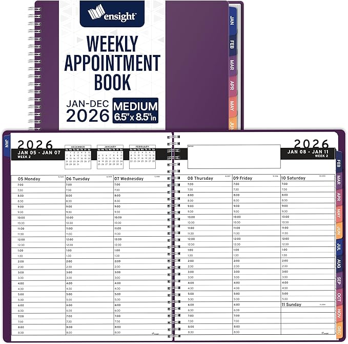 Ensight 2026 Appointment Book & Planner Ensight 6.5 x 8.5 inches Large Tabbed Daily Hourly Weekly Planner Schedule Book 30 Minute time Slots Business & Personal Planner Jan 2026 Dec 2026 Purple