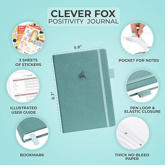 Clever Fox Positivity Journal – Daily Gratitude & Affirmation with Prompts – Motivational Mental Health Notebook with Habit Tracker (Aquamarine)