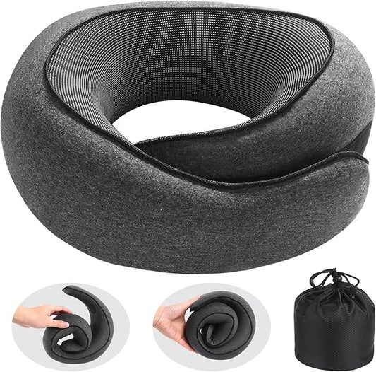 Badink® Memory Foam Neck Travel Pillow, Neck Pillow Airplane with MagicStrap – Adjustable Ergonomic Travel Pillow for Office/Airplane/Car, Washable Cover, Portable Cervical Support （Darkgrey）