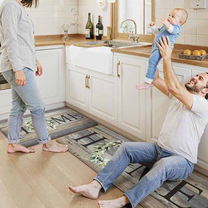 KIMODE Anti Fatigue Mats for Kitchen Floor,Farmhouse Rugs Sets of 2,Cushioned Carpet Non Slip for Laundry,Wide Memory Foam Runner for Sink Office,Grey 20"x47"+20"x32"