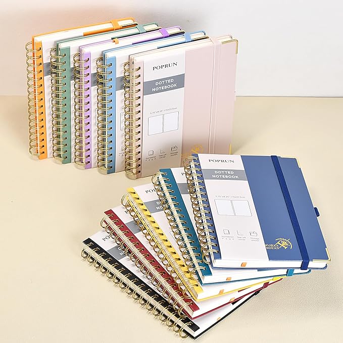 POPRUN Spiral Dotted Journal Notebook, [A5-5.75'' x 8.25''] - 120 GSM Thick Paper, 141 Numbered Pages, Hardcover for Men & Women with Pocket, Index Tabs, 8 Perforated Sheets, Orange