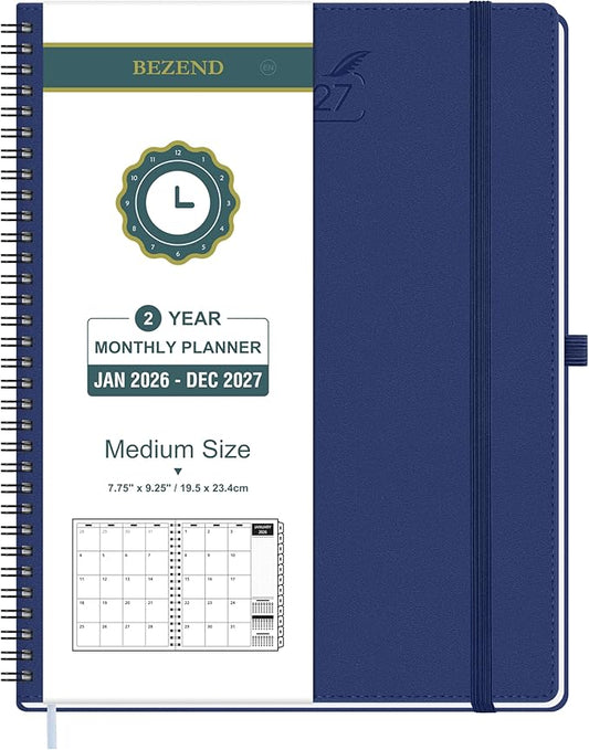 BEZEND Monthly Planner 2026-2027 (Spiral-7" x 9") 2 Year Calendar Book with Note Pages - Jan 26 to Dec 27-120 GSM Paper, Inner Pockets, Laminated Tabs, Vegan Leather Softcover - Blueberry
