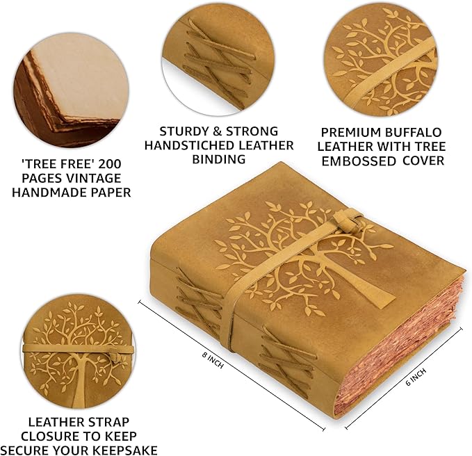 LEATHER VILLAGE Tree of Life Journal - 8"X6" (A5) inches - Sun Tan - 200 Antique Deckle Edge Handmade Paper – Book of Shadows - Vintage Leather Bound Journal for Women & Men