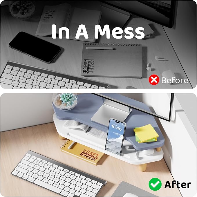 Monitor Stand Riser,2 Tier Corner Wood Monitor Stand Sturdy Computer Stand Multi-Purpose Desktop Storage Stand for Laptop,PC,iMac,Printer,Computer,Blue