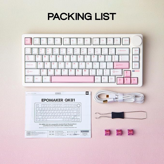 EPOMAKER QK81 75% Wireless Mechanical Gaming Keyboard, QMK/VIA Programmable and Hot-Swappable, 81 Keys with Metal Knob, 2.4Ghz/BT/USB, Creamy Gasket-Mount, RGB Backlight (White, Flamingo Switch)