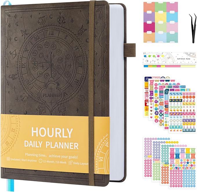 2025-2026 Undated 12 Month Planner Hardcover (5.5x8.5") - Weekly & Monthly Academic Life Organizer, Productivity Journal, Thick Paper, Sticker, Bookmark, Pen Loop(Brown)