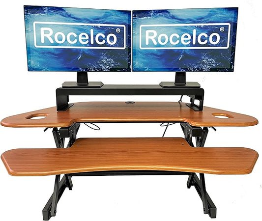 Rocelco 46" Height Adjustable Corner Standing Desk Converter with Dual Monitor Stand Bundle - Sit Stand Up Computer Workstation Riser - Extra Large Keyboard Tray - Teak Wood Grain (R CADRT-46-DMS)