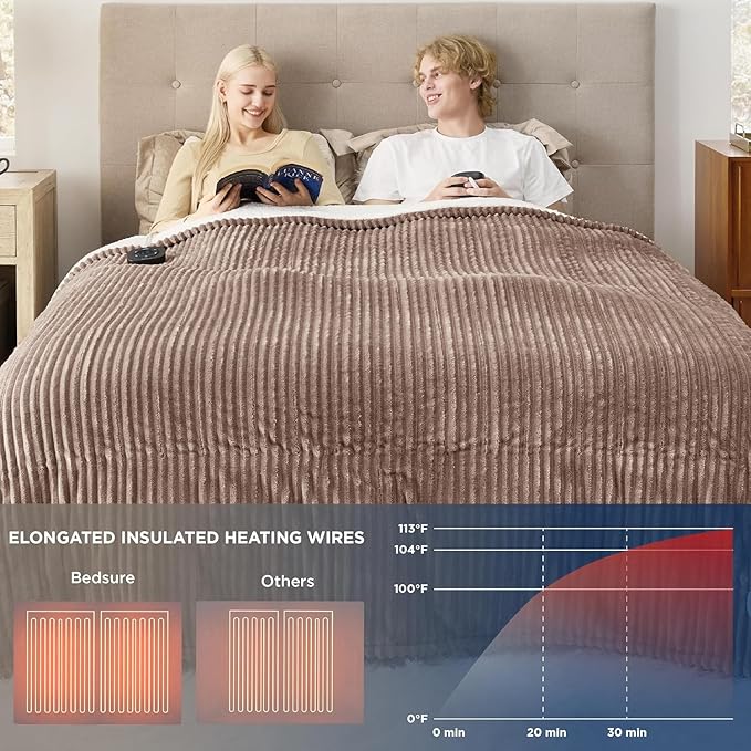 Bedsure GentleSoft Electric Blanket Queen Size - Soft Ribbed Flannel Heated Blanket with Dual Control, Heating with 10 Heat Settings & 10 Time Settings, 8 hrs Timer Auto Shut Off (84x90 inches, Brown)