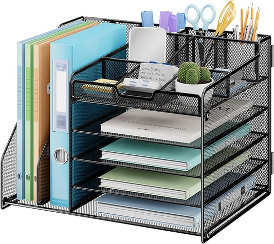Lavatino Desk Organizer, 5-Tier Metal Mesh Paper Letter Tray with 2 File Holders & 7 Flexible Dividers for Office or Home Desk Organizers and Accessories, Keep Workspace Supplies Neat, Black