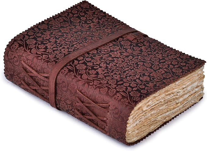 LEATHER VILLAGE Leather Bound Floral Embossed Journal for Women Men - 200 Pages, 13X8 Inches, Fuchsia - Book of Shadows, Vintage Blank Paper Travel Diary, Notebook for Writing, Drawing, Sketchbook