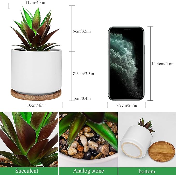 Hopewood Artificial Succulents in Pot, Fake Potted Pineapple Succulents Plants with Ceramic Pot and Wooden Tray, Potted Artificial Plants for Home, Office Desk and Bathroom Decor 6.8inch×4.3inch