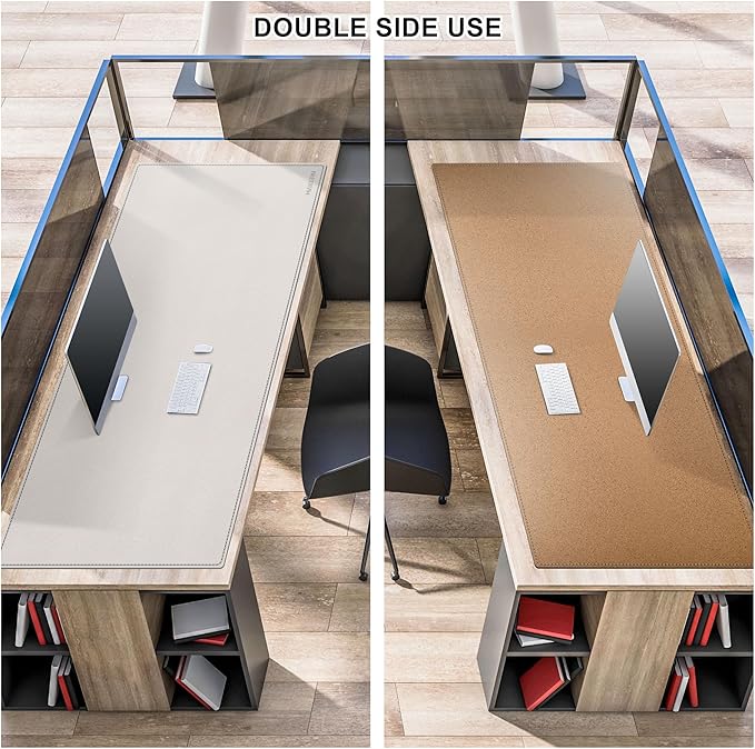 MAIDERN 59”x 27.5” Leather Desk Pad, Large Desk Mat, Cork & Leather Large Mouse pad for Desk, Waterproof Computer Desk Pad for Gaming Home Office (Cream)