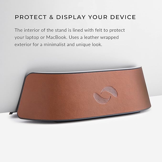 HumanCentric Vertical Laptop Stand in Vegan Cognac Leather, Upright Adjustable Holder and Dock, Laptop Vertical Stand Fits MacBook Pro and Other Laptops .5" to 1.5", Clamshell Compatible