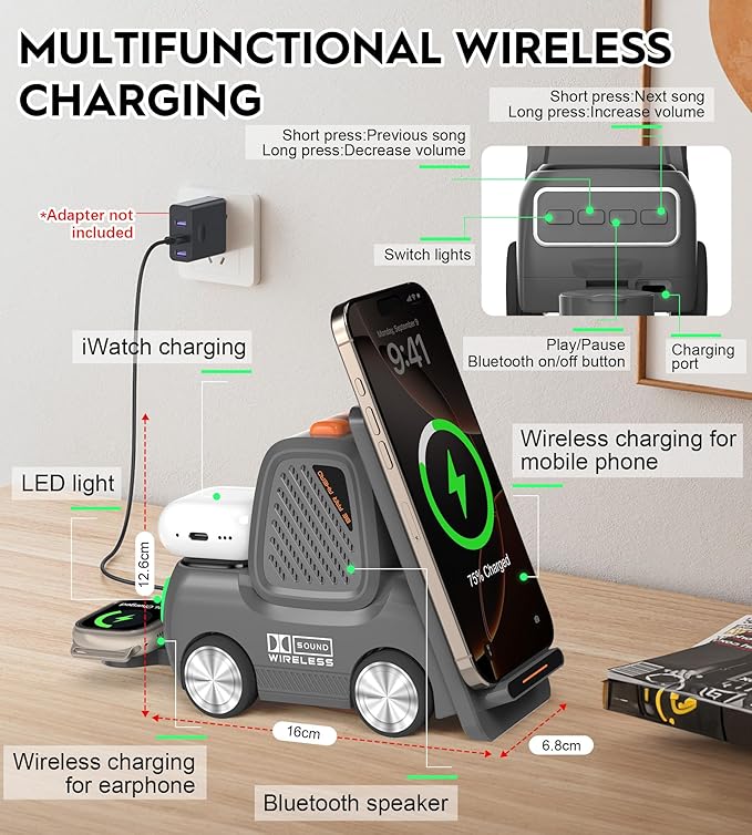 Forklift Wireless Charging Station with Bluetooth Speaker, 4 in 1 Wireless Fast Charger Multiple Devices, Compatible with iPhone16 15 14 13 Pro Max Series, Apple iWatch, Airpods, Android Phones