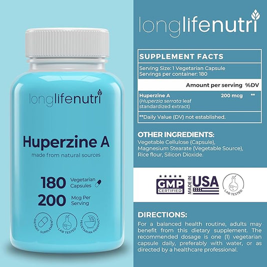 Huperzine A 200mcg - from Huperzia Serrata Leaf, 180 Vegetarian Capsules, Natural Brain Nootropic for Focus, Memory, and Clarity, 6 Month Supply, GMP Certified, Made in USA