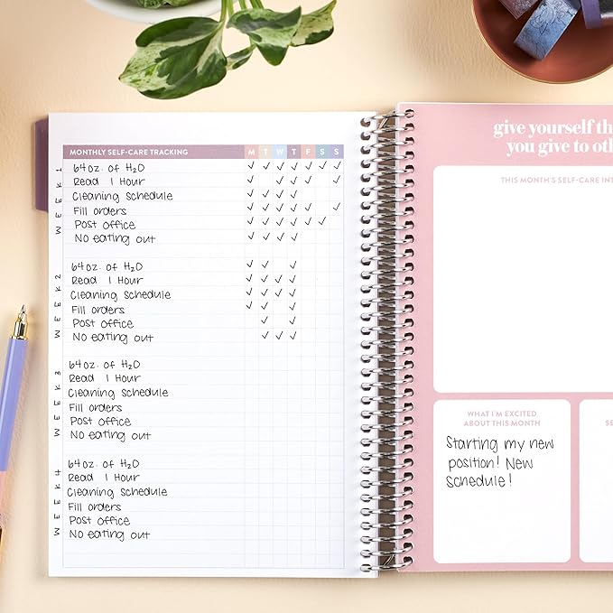 Erin Condren A5 Spiral Bound Self Care Journal Metallic Blooms. Daily Self-Care Reflection Pages. Weekly, Monthly & Quarterly Reflection. Monthly Tracker Pages. 3 Tabs. Sticker Sheet Included
