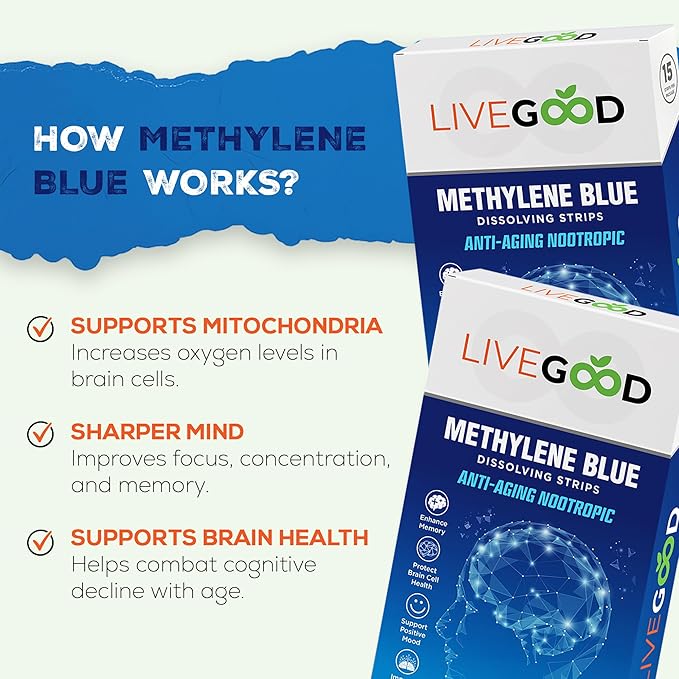 LIVEGOOD Methylene Blue – Methylene Blue for Humans, Brain Supplements for Memory and Focus, Clarity & Cognitive Energy, Nootropic Brain Support, Made in USA, 15 Oral Strips with 20mg Each