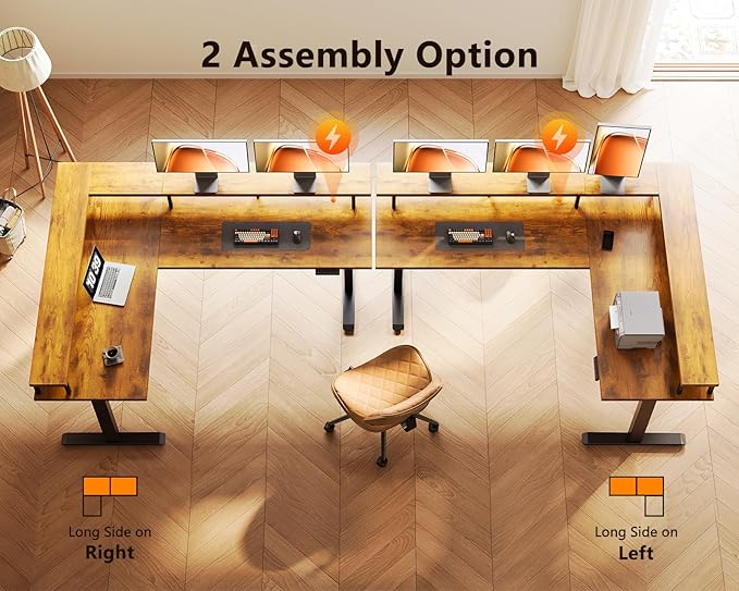 AODK Electric L Shaped Standing Desk, 59 Inch Height Adjustable Stand Up Desk with Power Outlets ＆ Full Monitor Stand, Reversible Corner Desk for Home Office ＆ Computer Workstation, Rustic Brown