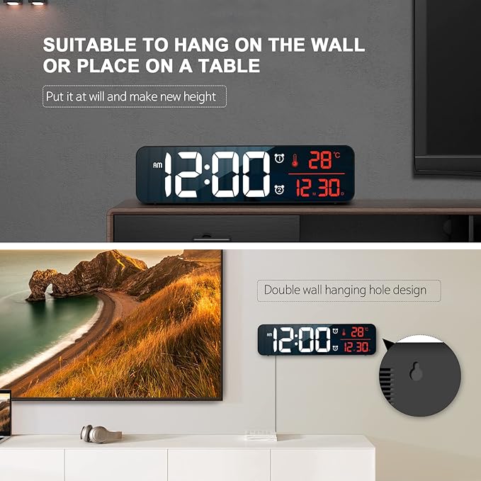 Digital Clock, Clock for Bedroom, Digital Wall Clock, Clocks for Living Room Decor, Desk Clock, Table Clock, Digital Clock Large Display, Smart Alarm Clock for Office Red (Wired Black+Red Digit)