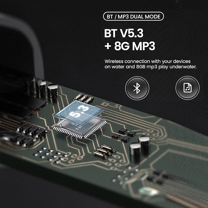 Bone Conduction Headphones IP68 Swimming Waterproof Dustproof Sweatproof MP3 Player Headset Underwater Music Player 8GB 1000 Songs, Open-Ear Wireless Earphones Bluetooth 5.3 with Mic - Black