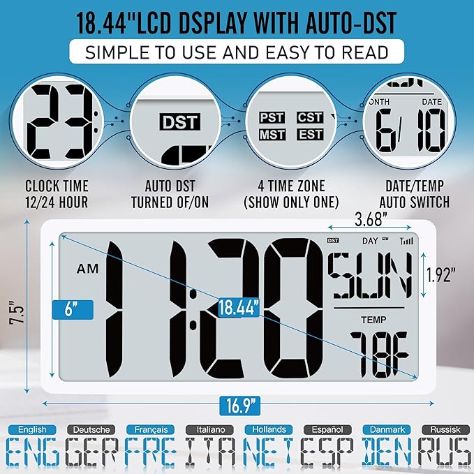 TXL 18.44" Large Amotic Digital Wall Clock with Backlight, Battery Operated Alarm Clock with Day, Date & Temperature, Jumbo Display Digital Count Up Down Timer Clock for Hoom,Classroom Room,Office