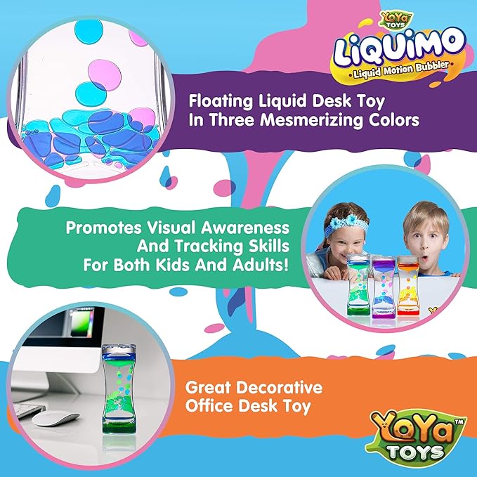 YoYa Toys Liquimo - Liquid Motion Bubbler - 3 Pack - Sensory Fidget Desk Toy for Kids & Adults - Relaxing Hourglass Timer Tubes - Calming Visual Play for School, Home, Office, Stress Relief and Focus