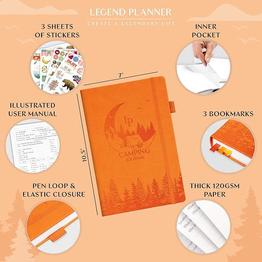 Legend Camping Journal – Hardcover Camper & RV Trip Planner – Notebook to Plan Travel & Camp Adventures with Packing Checklist, Meal Plan & Camping Bucket List – 30 Trips, 7" x 10" (Orange)