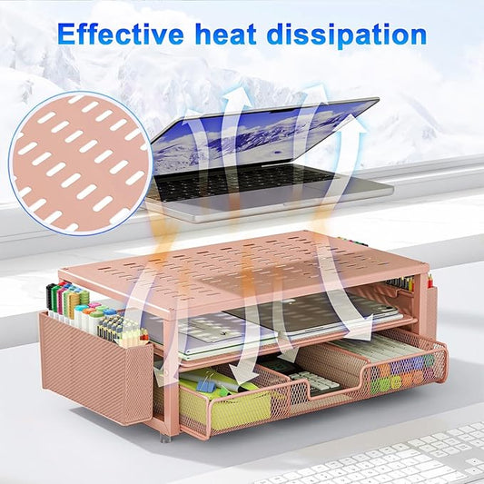 gianotter Desk Organizers and Accessories, Monitor Stand with Drawer and 2 Pen Holder, Desktop Organizer Suitable for Offices and Dormitories (Rose Gold)