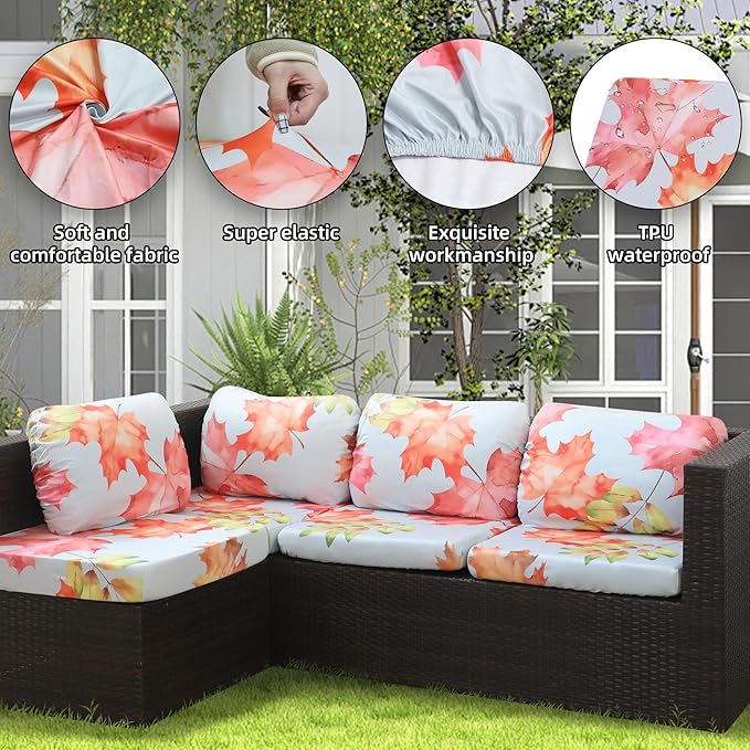 8Pcs Stretch Patio Cushion Covers Outdoor Cushion Cover, Jacquard Stretch Cushion Covers, Cover Replacement, Outdoor Sofa Covers, Washable Furniture Couch Cushion Cover (Red and Yellow maple)