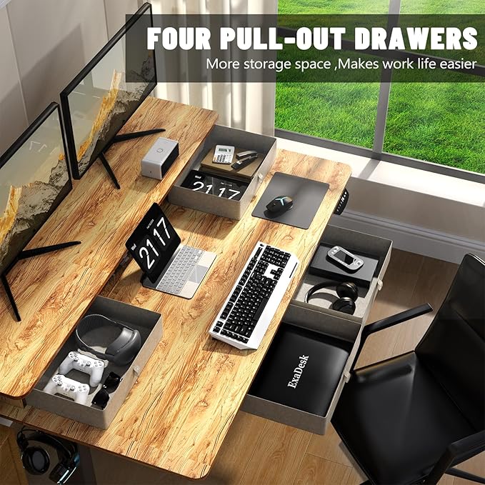 63 * 30 Inches Electric Standing Desk Adjustable Height with 4 Drawers, Double Storage Shelves, Home Office Workstation Sit Stand up Desk (Light Rustic Brown)