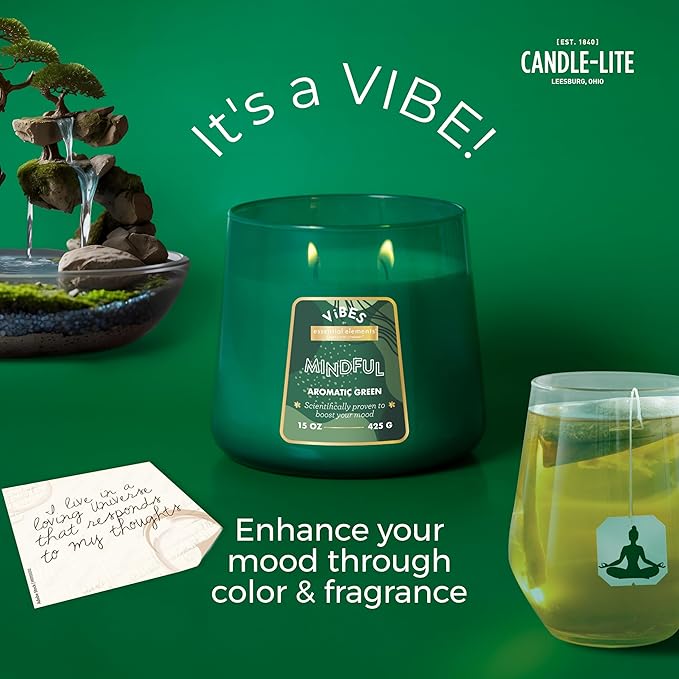 Candle-Lite Vibes Aromatic Green Mood-Enhancing Scented Candles, 15 oz Jar, Aromatherapy, Proudly Poured in The USA, 2-Wick, 86 Hours Burn Time, Perfect Relaxation Gift