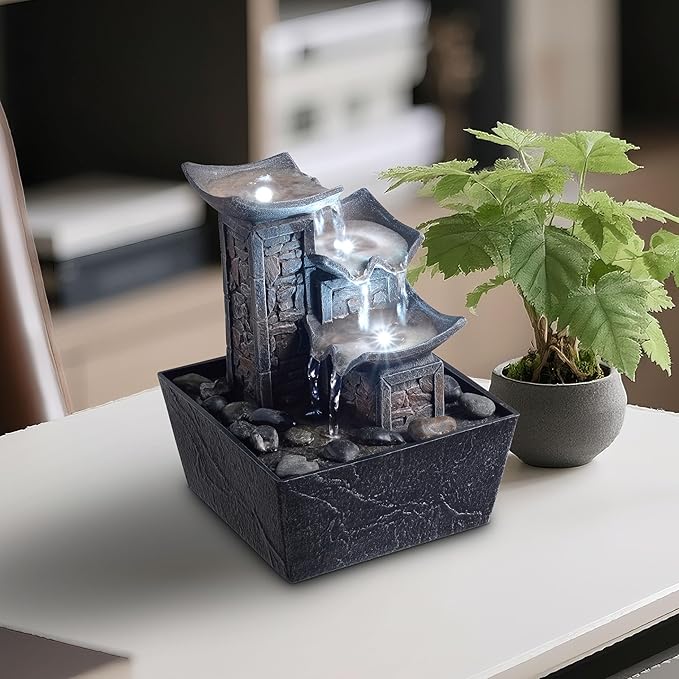 Tabletop Fountain Indoor Waterfall – 3-Tier Black Zen Decor with Pebble Base, White LED Light, Water Pump & On/Off Switch – Desktop Feng Shui Relaxation Gift for Home or Office (21110B)