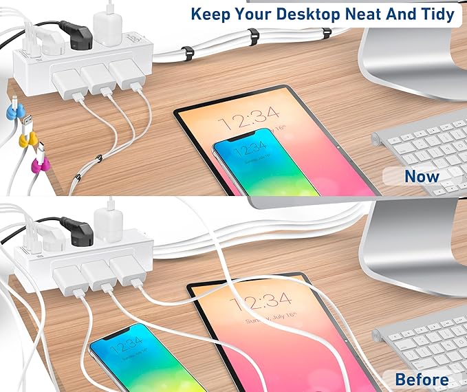 Desk Clamp Power Strip with USB C (20W PD) & USB A, 9 AC Outlets, Surge Protector, Flat Plug, 6.5ft Extension Cord – Desk Mount Power Station with Cable Management Kit for Home & Office– White