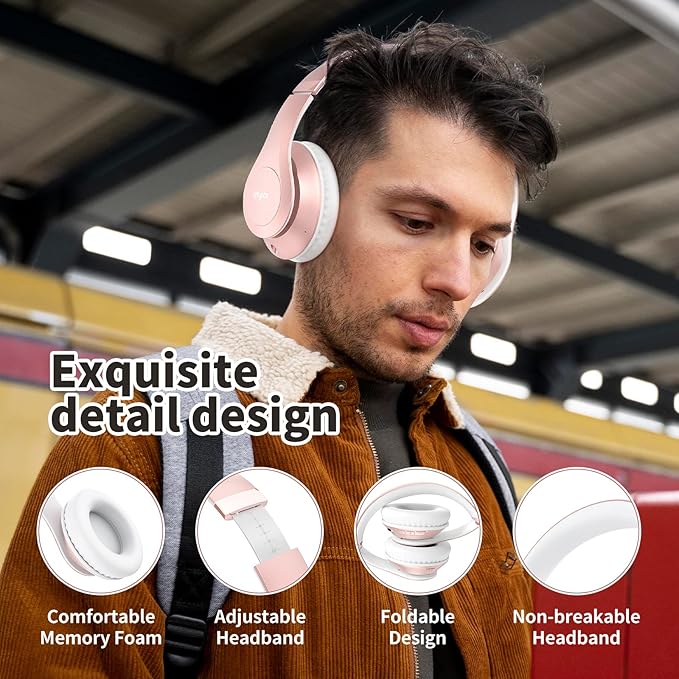 Uliptz Wireless Bluetooth Headphones, 65H Playtime, 6EQ Sound Modes, HiFi Stereo Over Ear Headphones with Microphone, Foldable Bluetooth 5.3 Headphone for Travel/Office/Cellphone/PC (Rose Gold)