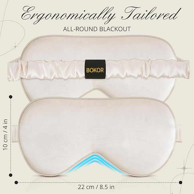 BOKOR Adjustable Silk Sleep Eye Mask for Women and Men, Luxury Mulberry Silk Eye Cover, Light-Blocking Improve Sleep Quality,with Travel Bag - Champagne