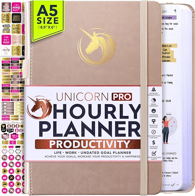 Hourly Planner - Undated Daily, Weekly & Monthly Planner with Budget Section | A 12 Month Journey to Increase Productivity & Happiness | Life Organizer & Gratitude Journal - Vertical Format