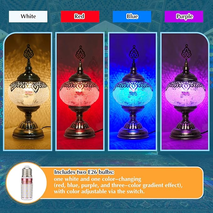 Large Globe Turkish Moroccan Table Lamp Handmade Vintage Moroccan Glass Lampshade Turkish Desk Lamp Bohemian Decorative Night Light for Bedroom, Living Room, LED Bulb Included (Bright)