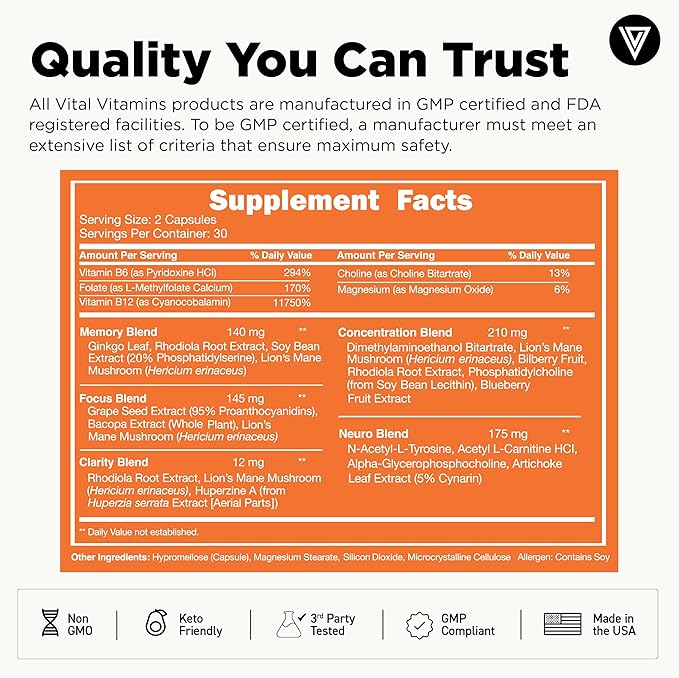 Vital Vitamins Nootropic Brain Supplement Plus - for Memory, Focus, Concentration, Neuro Energy, Clarity - with Lion's Mane Mushrooms - 60 Capsules