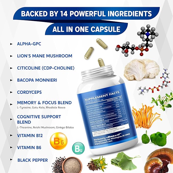 Liposomal Alpha-GPC, Lion’s Mane, Citicoline, Bacopa Monnieri & Cordyceps – Support Memory, Focus & Brain Health – 150 Capsules – Made in USA*