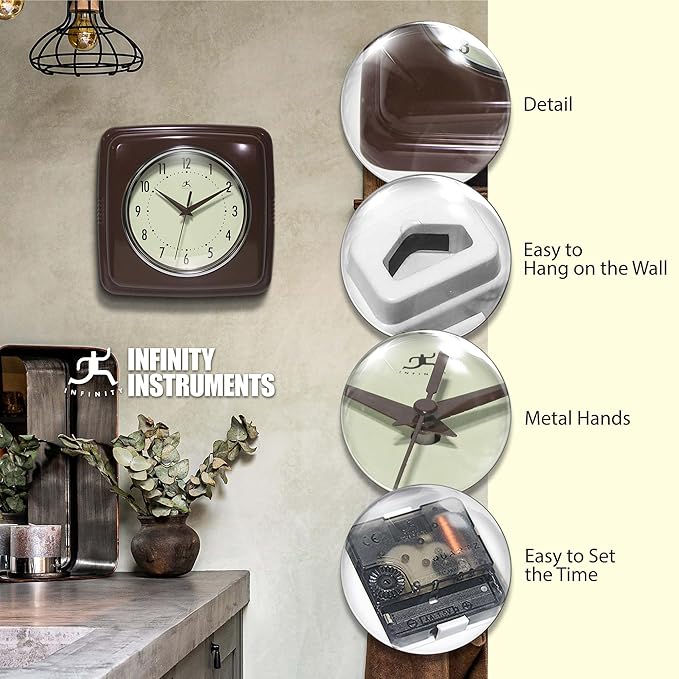 Infinity Instruments Square Retro Wall Clock, Mahogany, 9.25"