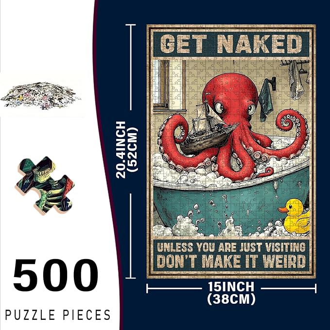 500 Piece Wooden Puzzle Adults Well Crap Bathing Octopus Humorous Brain Teaser for Relaxation & Fun 20.4x15 Inch